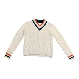 DonnaSport Speciale White Cable Knit Classic V-Neck Tennis Sweater